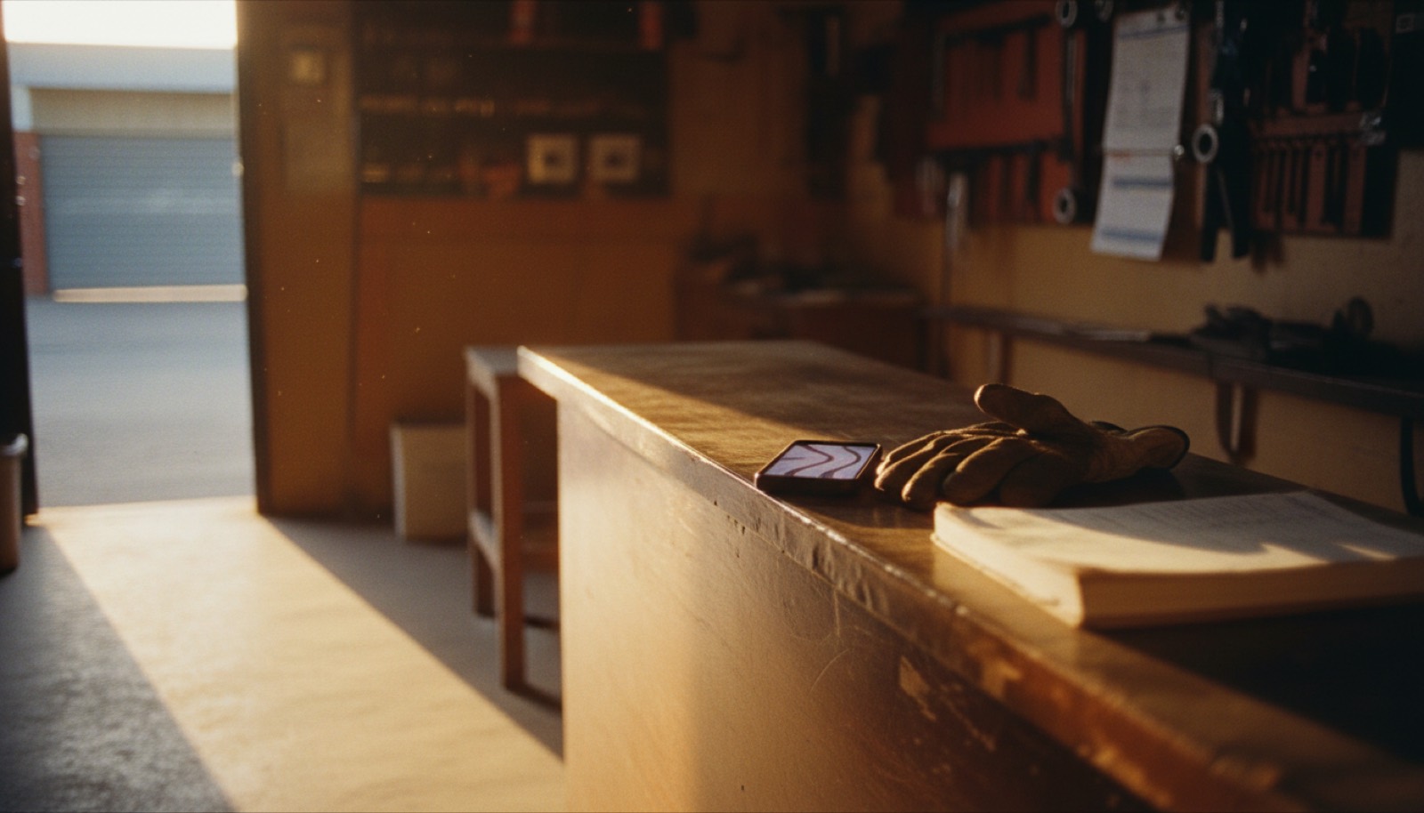 A closed workshop counter at the end of the day, a phone glowing on the counter beside a pair of work gloves